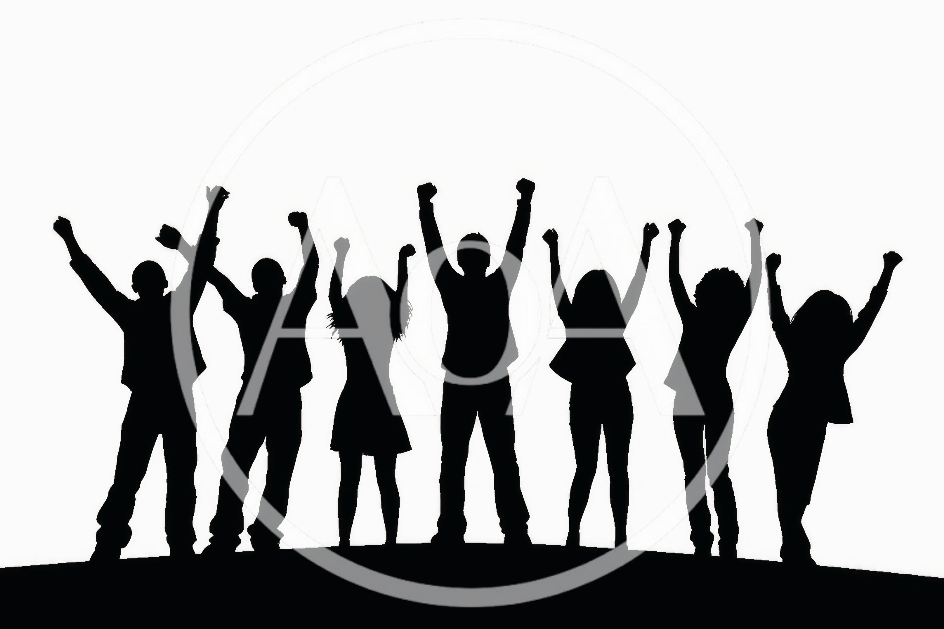 Group Of People Celebrating With Arms Raised In Silhouette