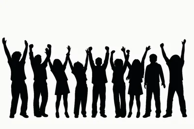 Group Of People Silhouettes Celebrating With Raised Arms