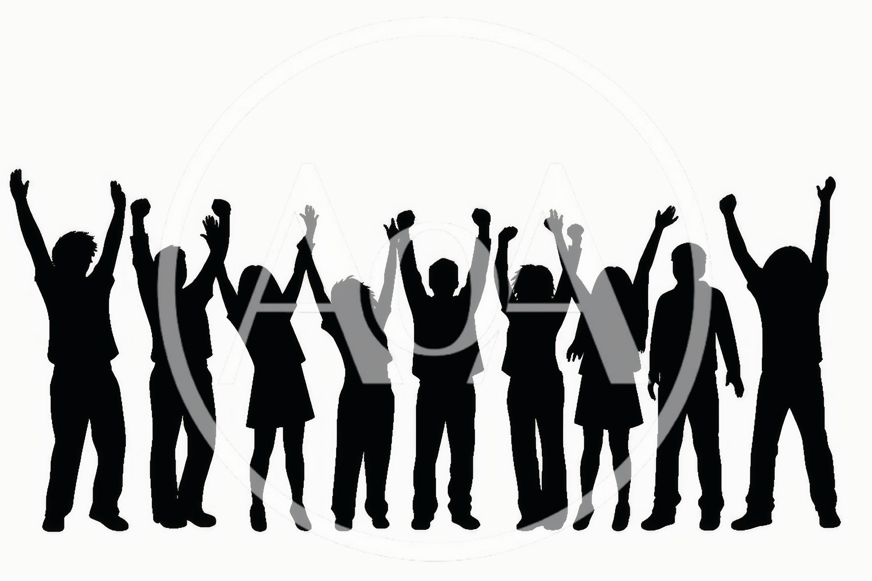 Group Of People Silhouettes Celebrating With Raised Arms