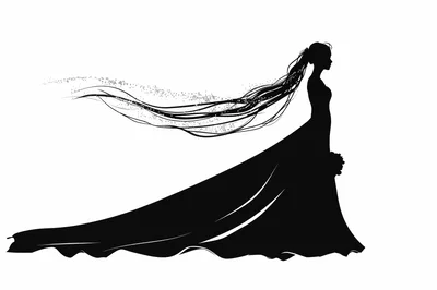 Silhouette of a Bride in a Long Wedding Dress