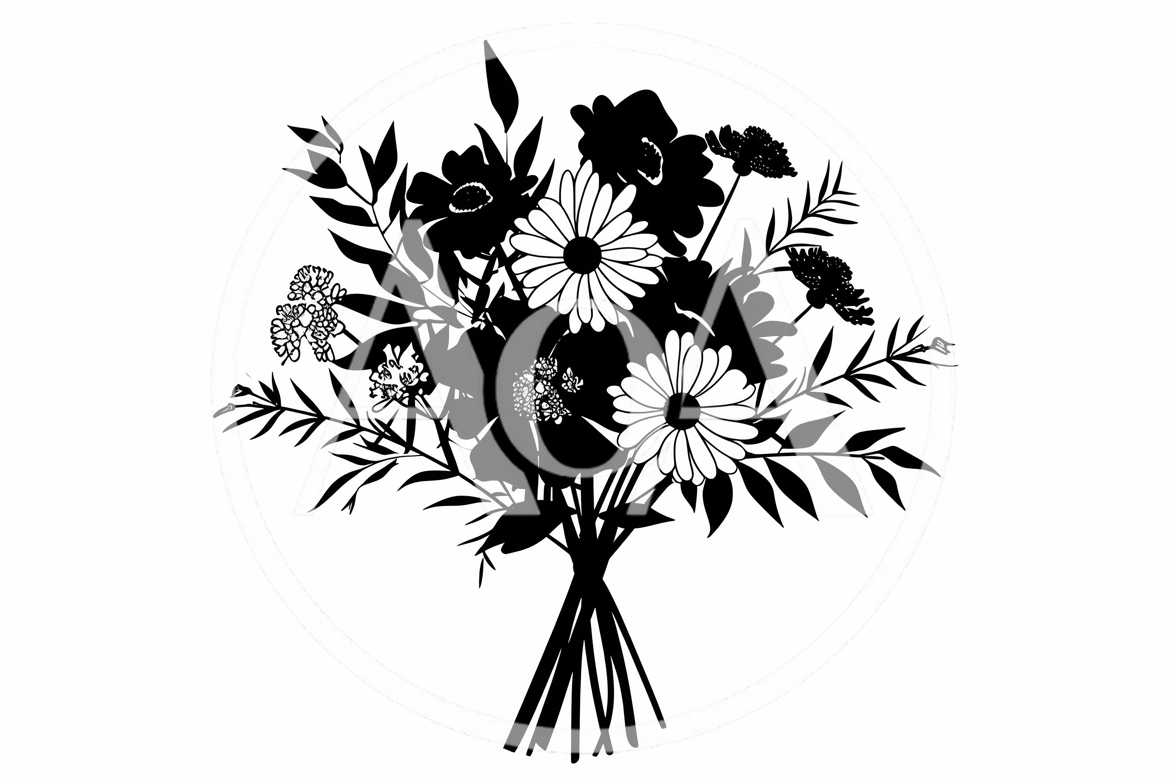 Black and White Floral Bouquet Silhouette Illustration