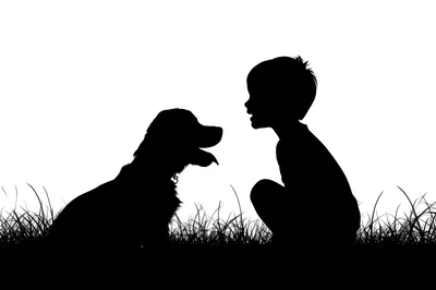 Silhouette Of A Child Playing With A Dog