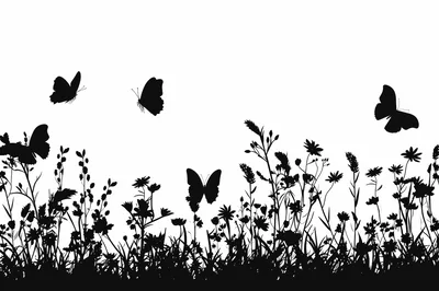 Black Silhouette Of Wildflowers And Butterflies