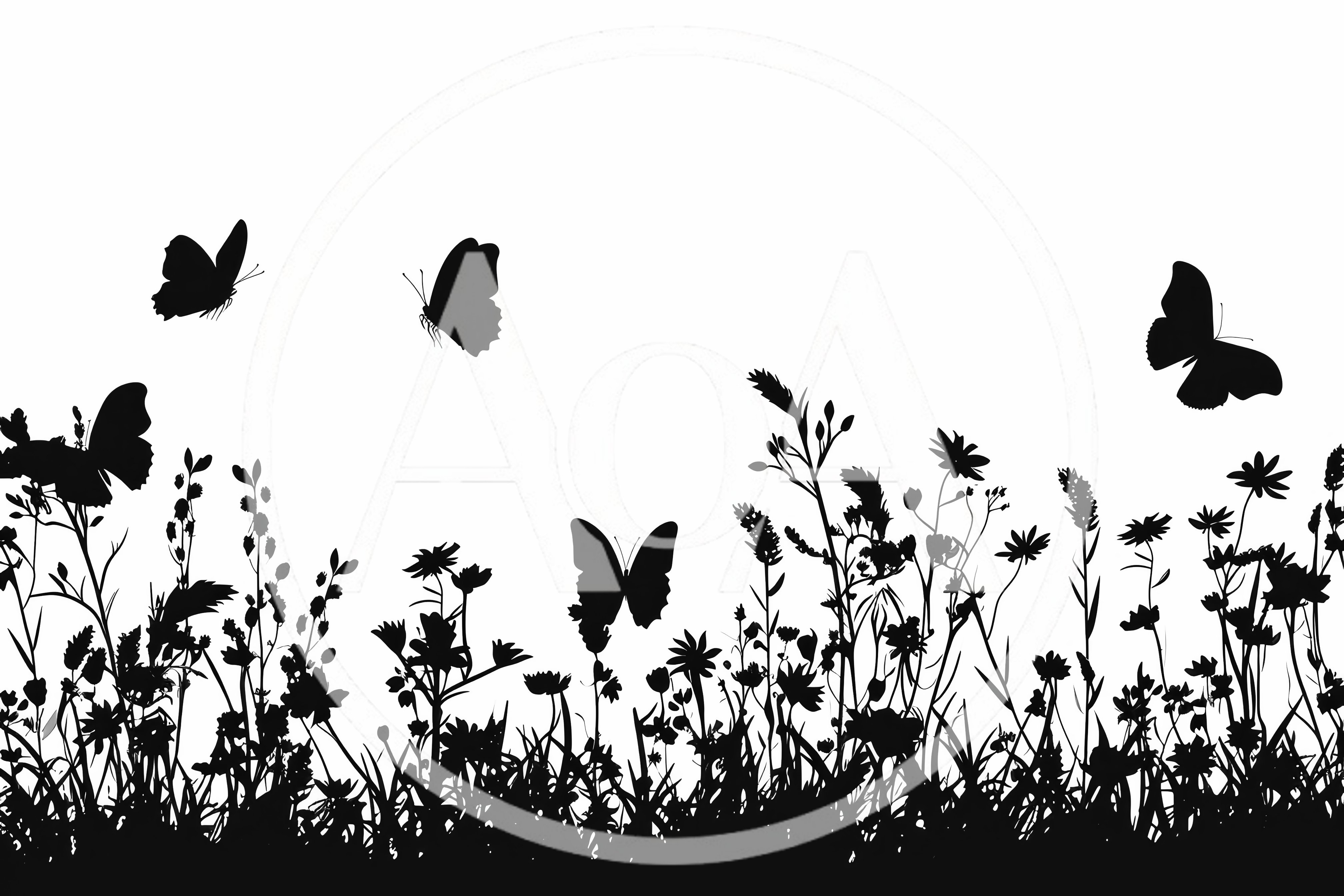 Black Silhouette Of Wildflowers And Butterflies
