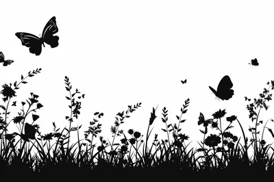 Black Silhouette Of Wildflowers And Butterflies