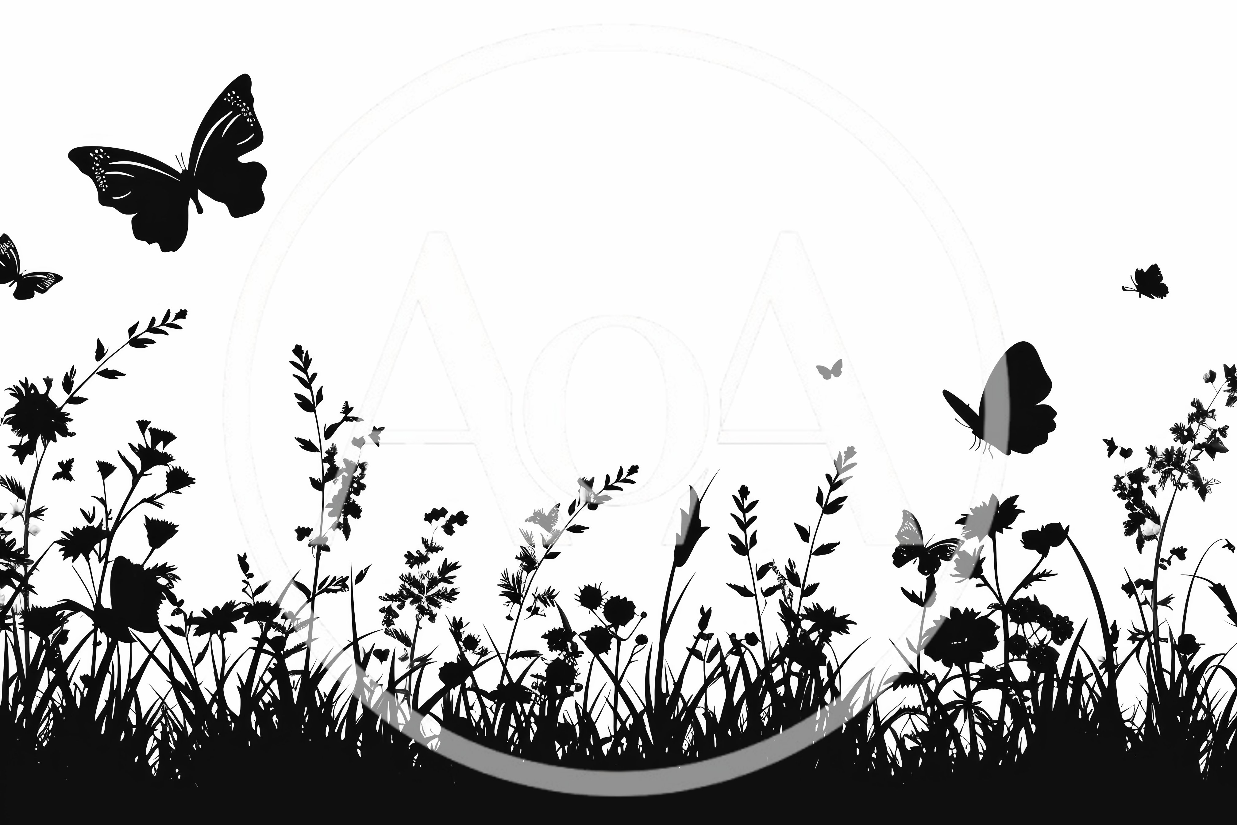 Black Silhouette Of Wildflowers And Butterflies