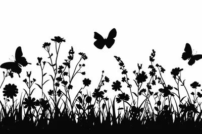 Black Silhouette Of Wildflowers And Butterflies