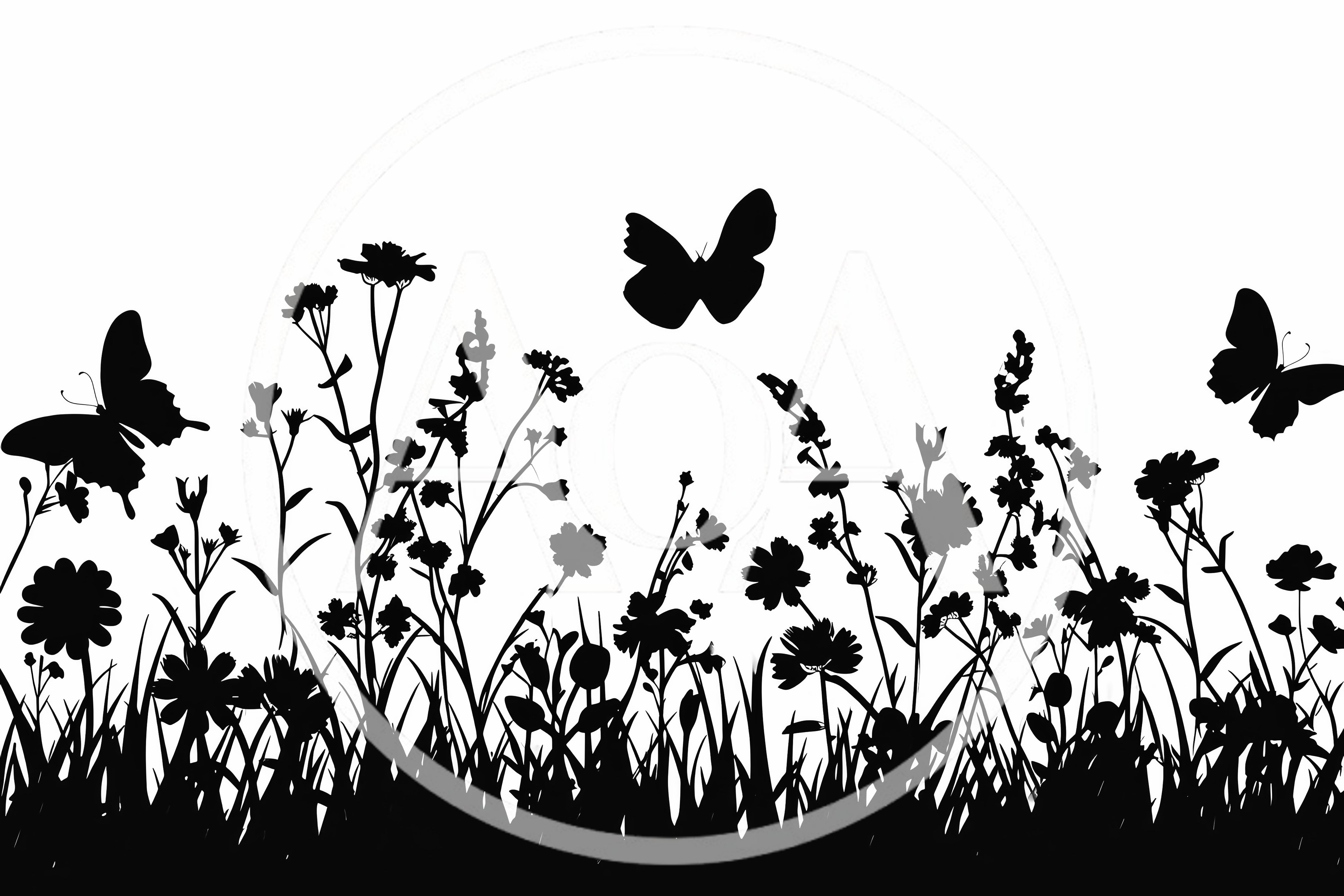 Black Silhouette Of Wildflowers And Butterflies