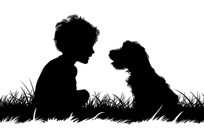 Silhouette Of A Young Boy Playing With His Dog
