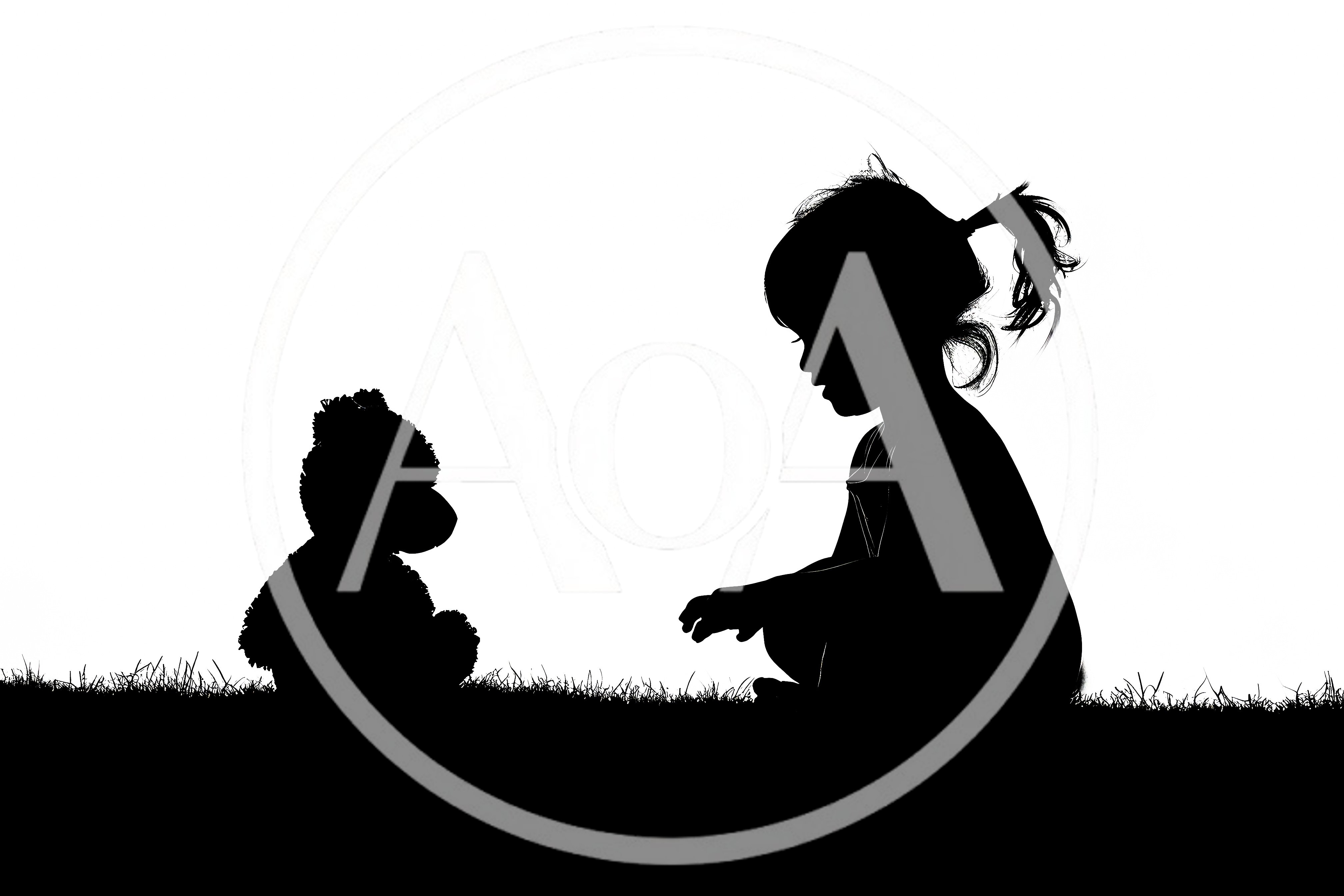 Silhouette of a Little Girl Playing with Teddy Bear