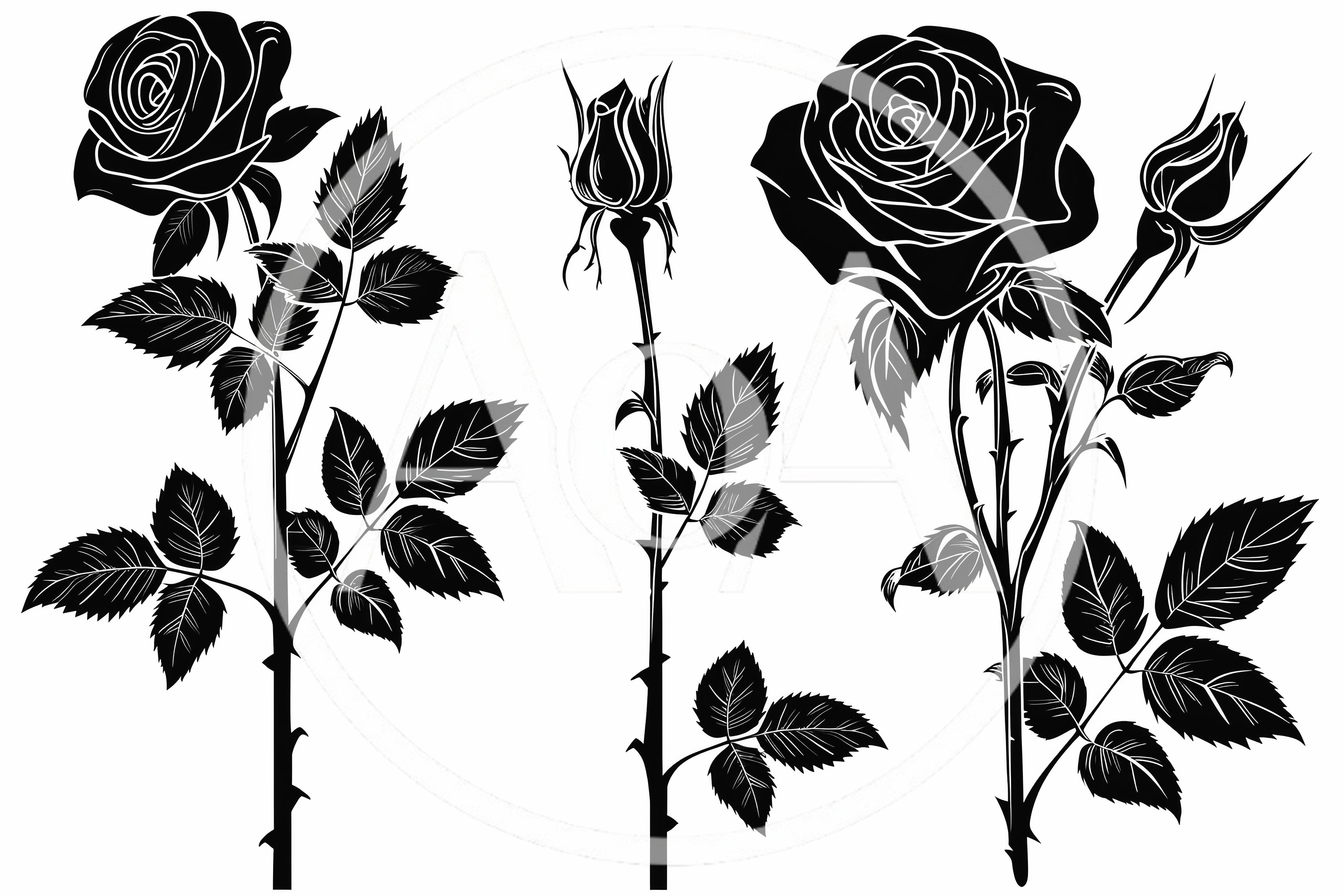 Black and White Rose Flower Silhouette Illustrations