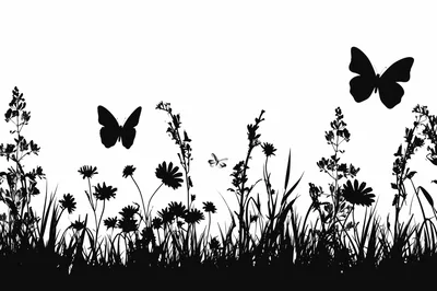 Black Silhouette Of Wildflowers And Butterflies
