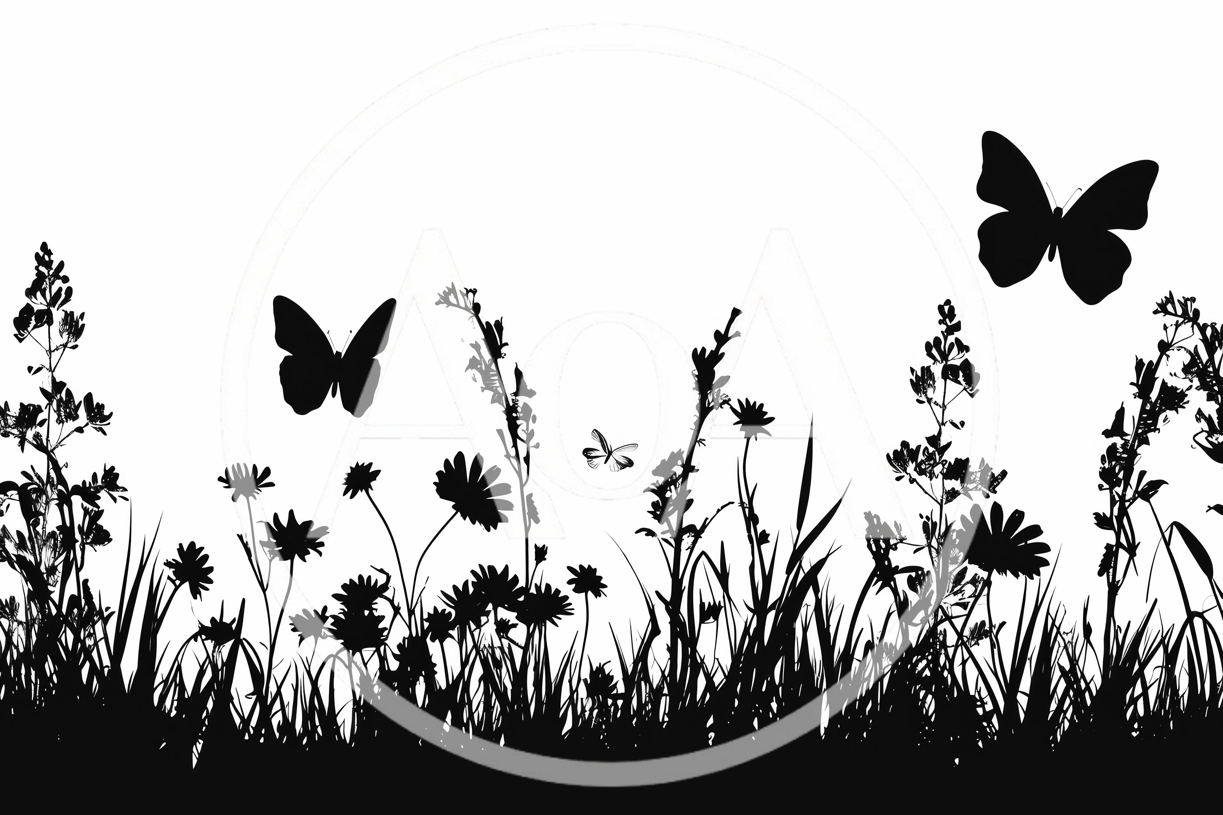 Black Silhouette Of Wildflowers And Butterflies