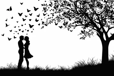 Silhouette Of A Romantic Couple Kissing Under A Tree