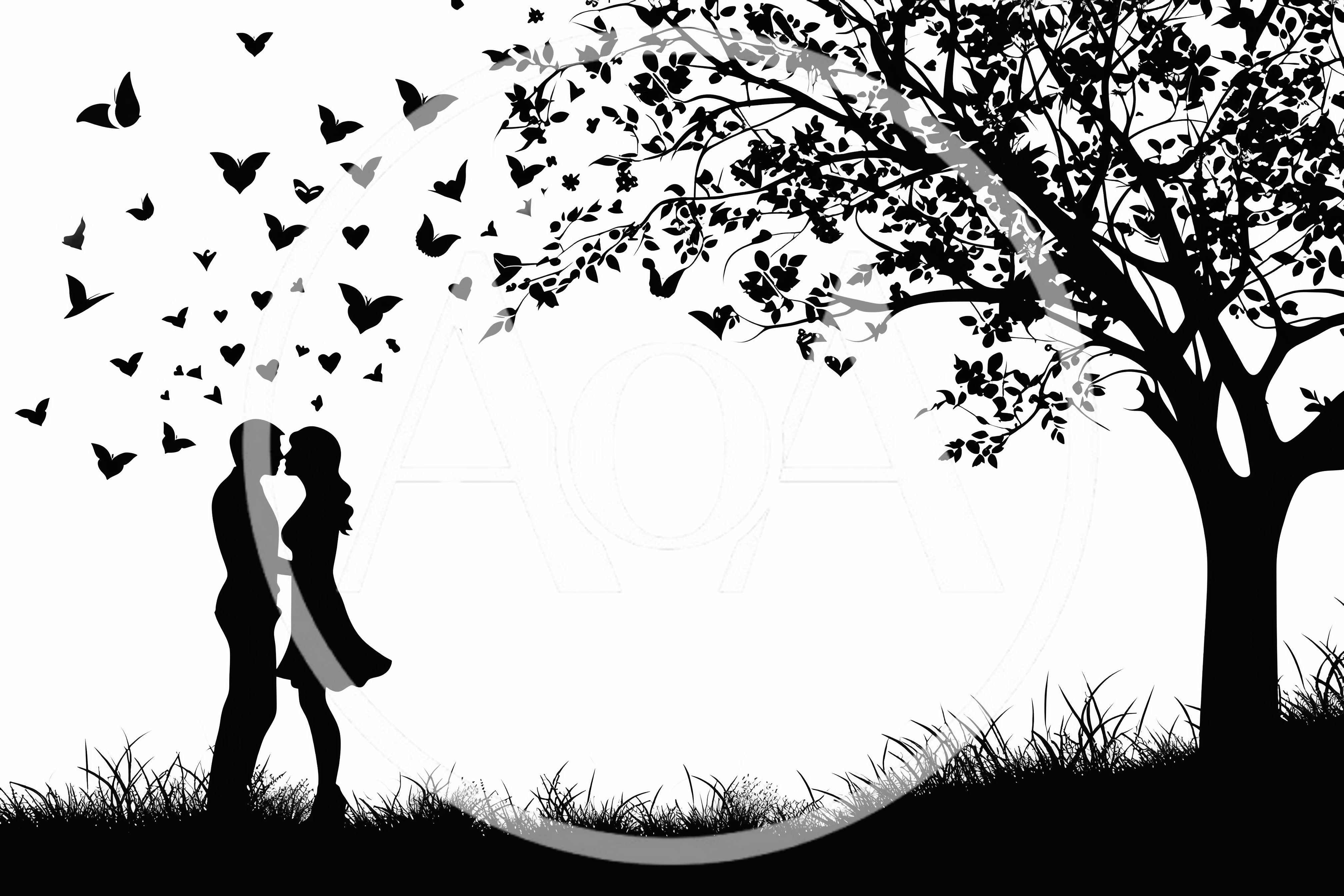 Silhouette Of A Romantic Couple Kissing Under A Tree