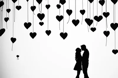 Silhouette Of A Romantic Couple Under Hanging Hearts