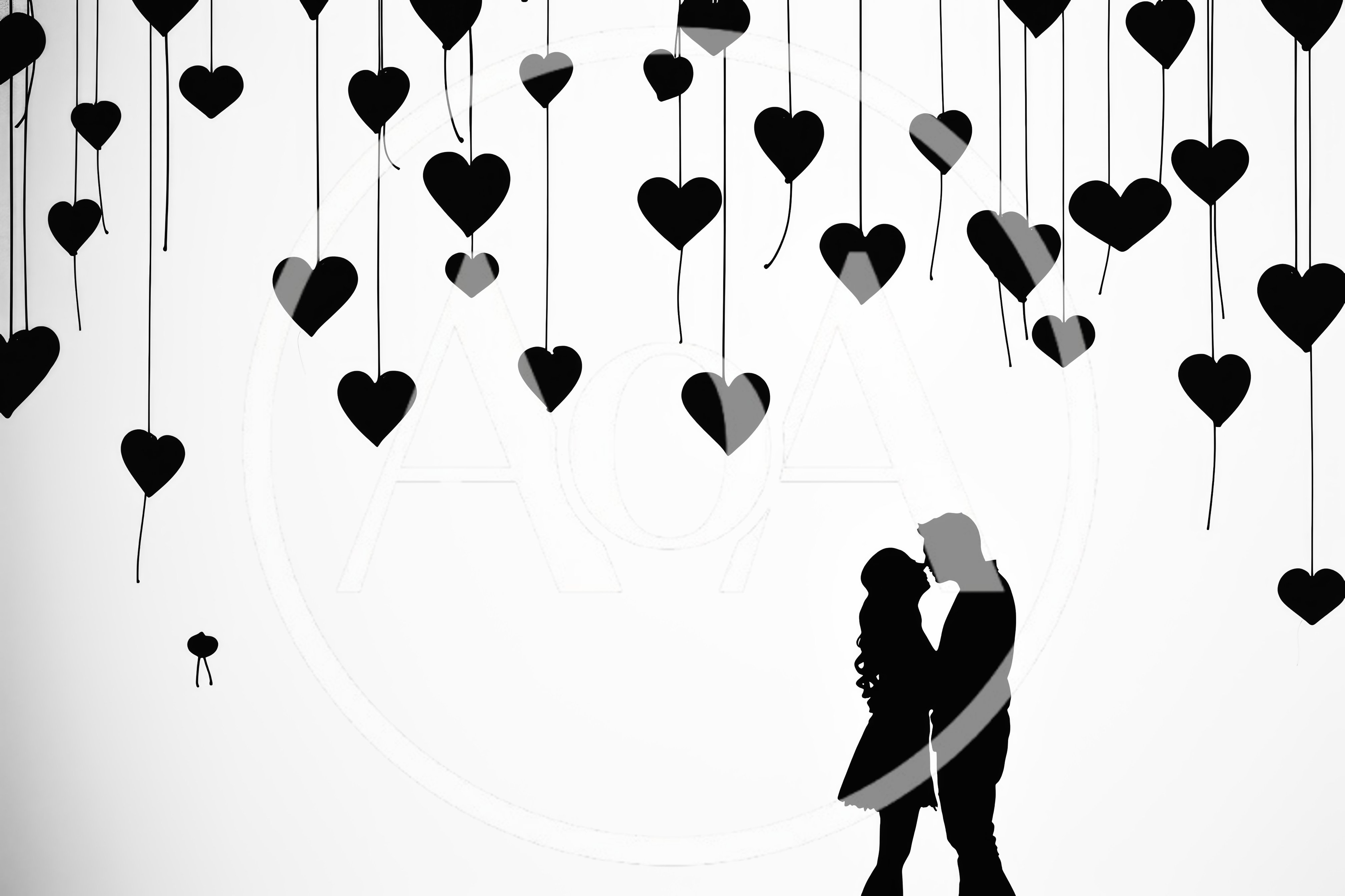 Silhouette Of A Romantic Couple Under Hanging Hearts