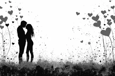Silhouette Of A Romantic Couple Kissing With Heart Balloons