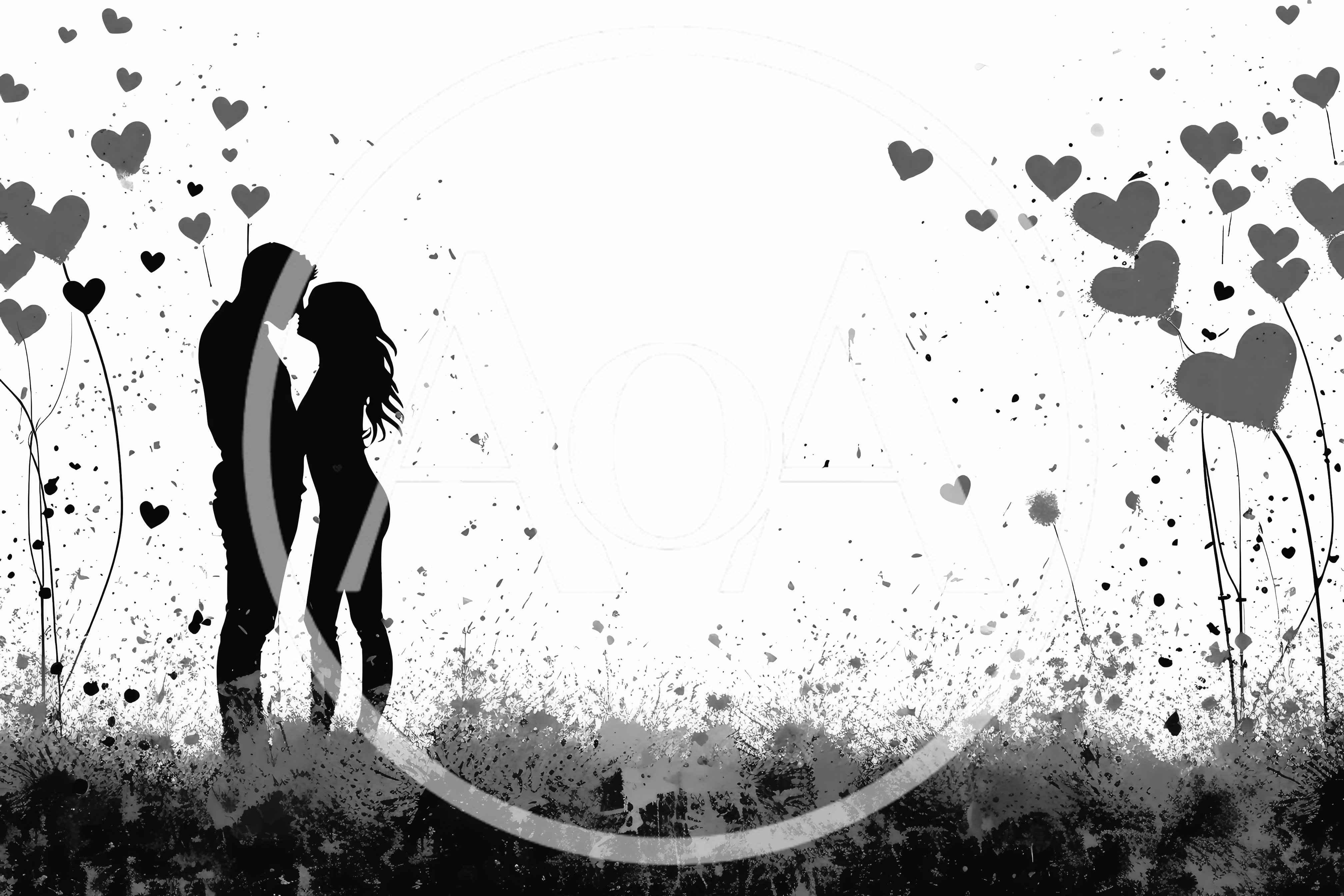 Silhouette Of A Romantic Couple Kissing With Heart Balloons