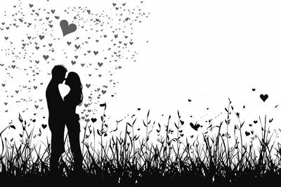 Silhouette Of A Romantic Couple Kissing In A Field