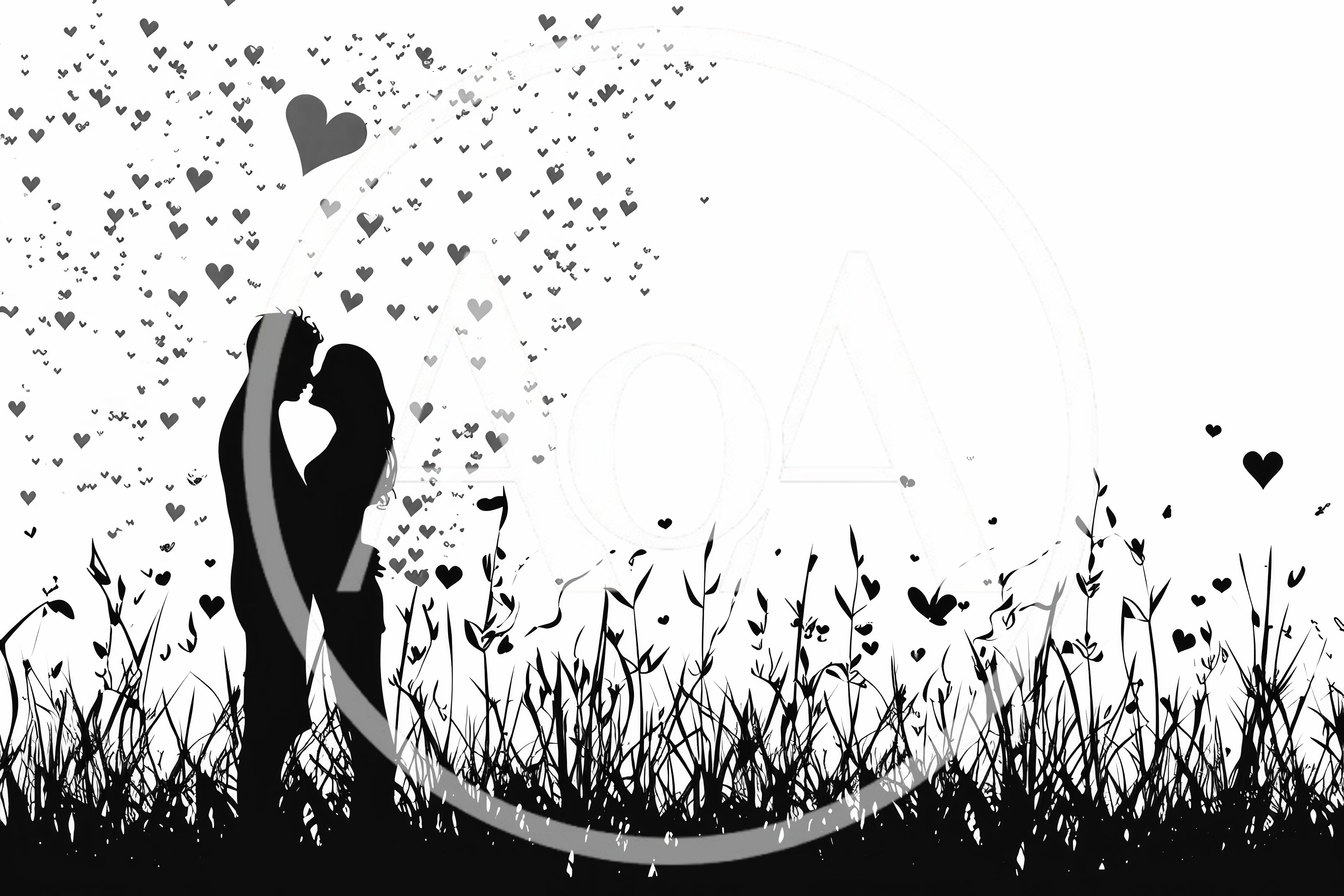 Silhouette Of A Romantic Couple Kissing In A Field