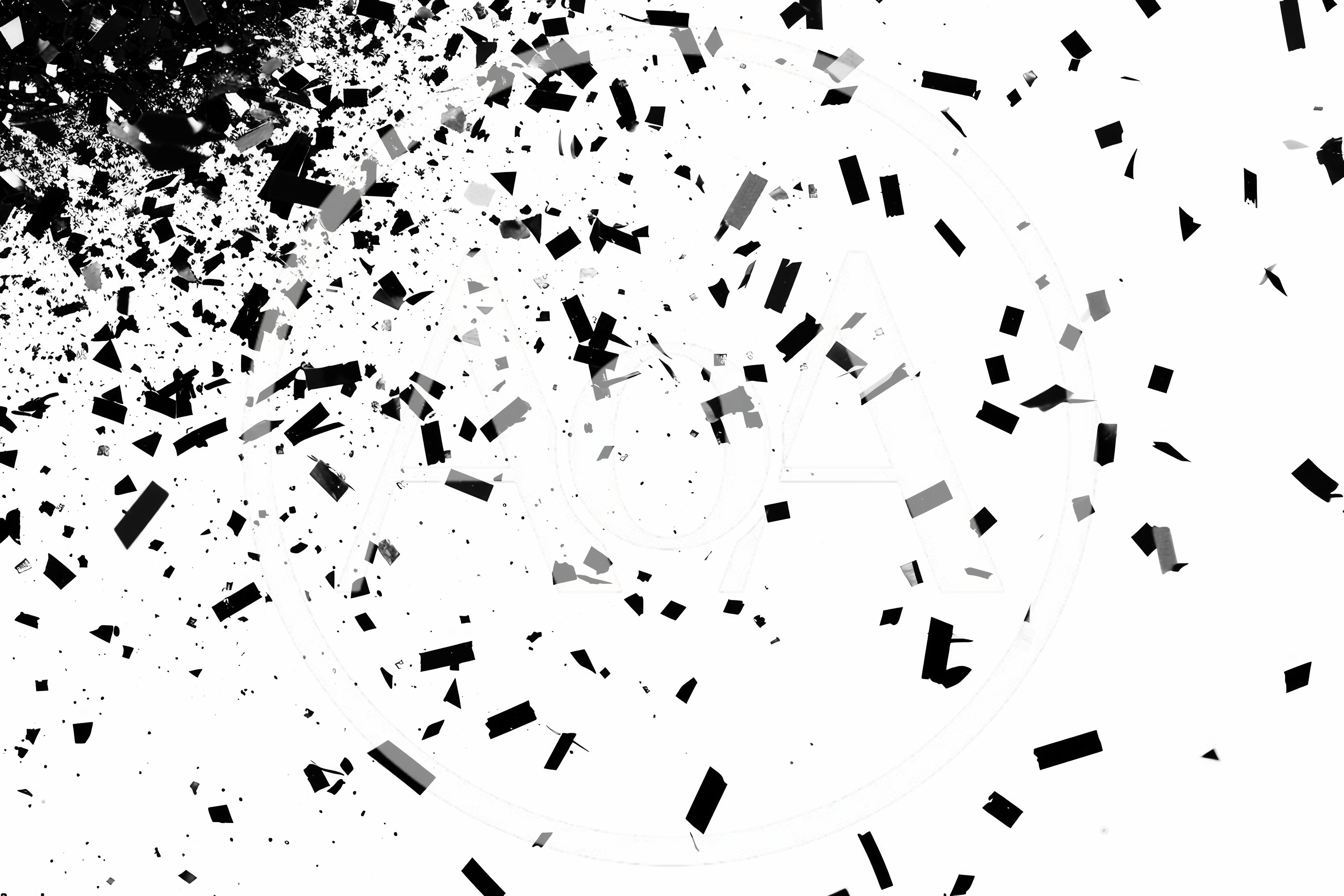 Black Confetti Pieces Falling Against White Background
