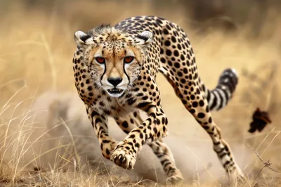 Cheetah Running Fast Through Dry African Grassland