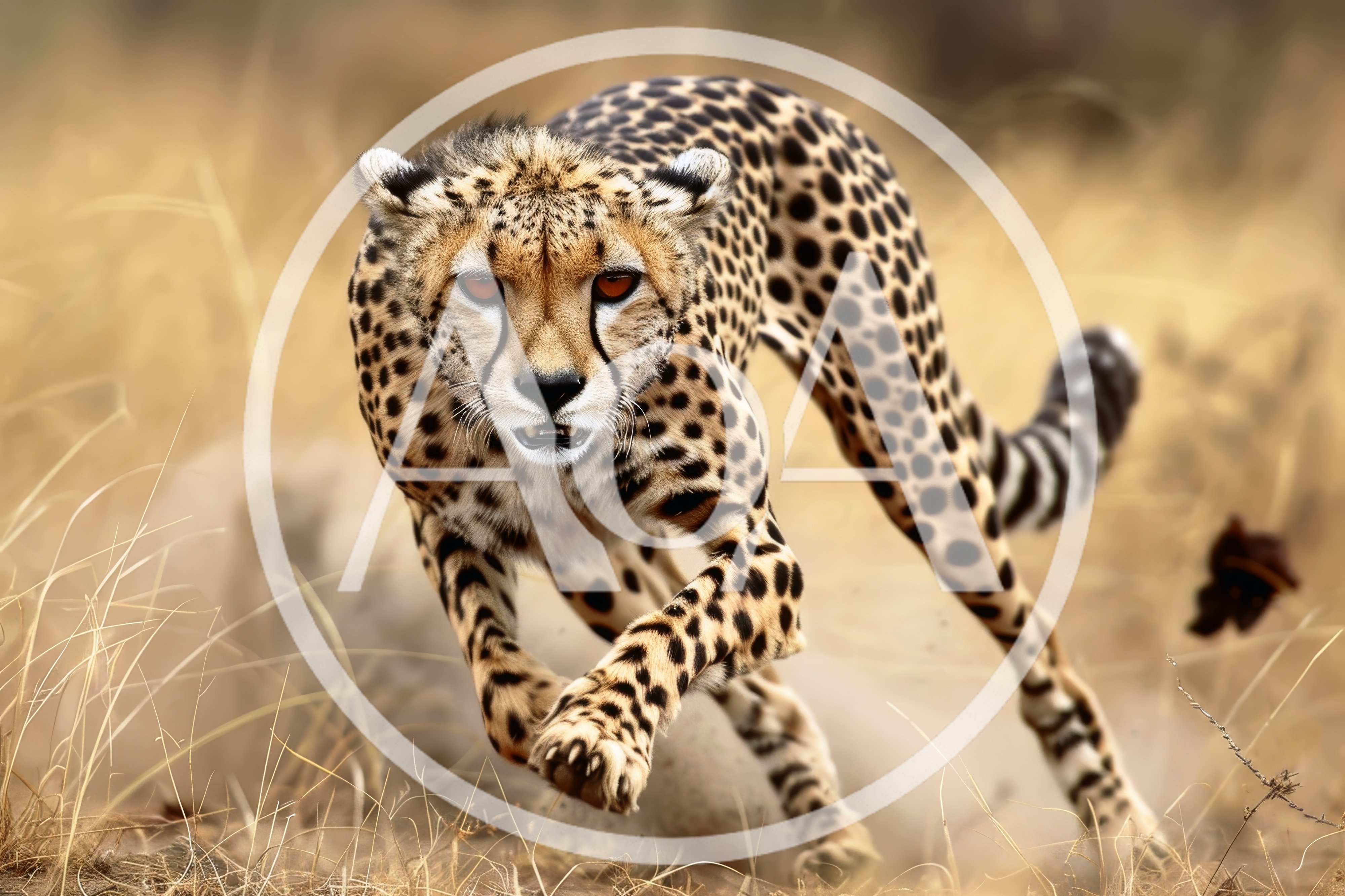 Cheetah Running Fast Through Dry African Grassland