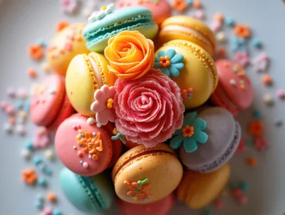 Assorted Colorful Macarons Decorated With Sugar Flowers