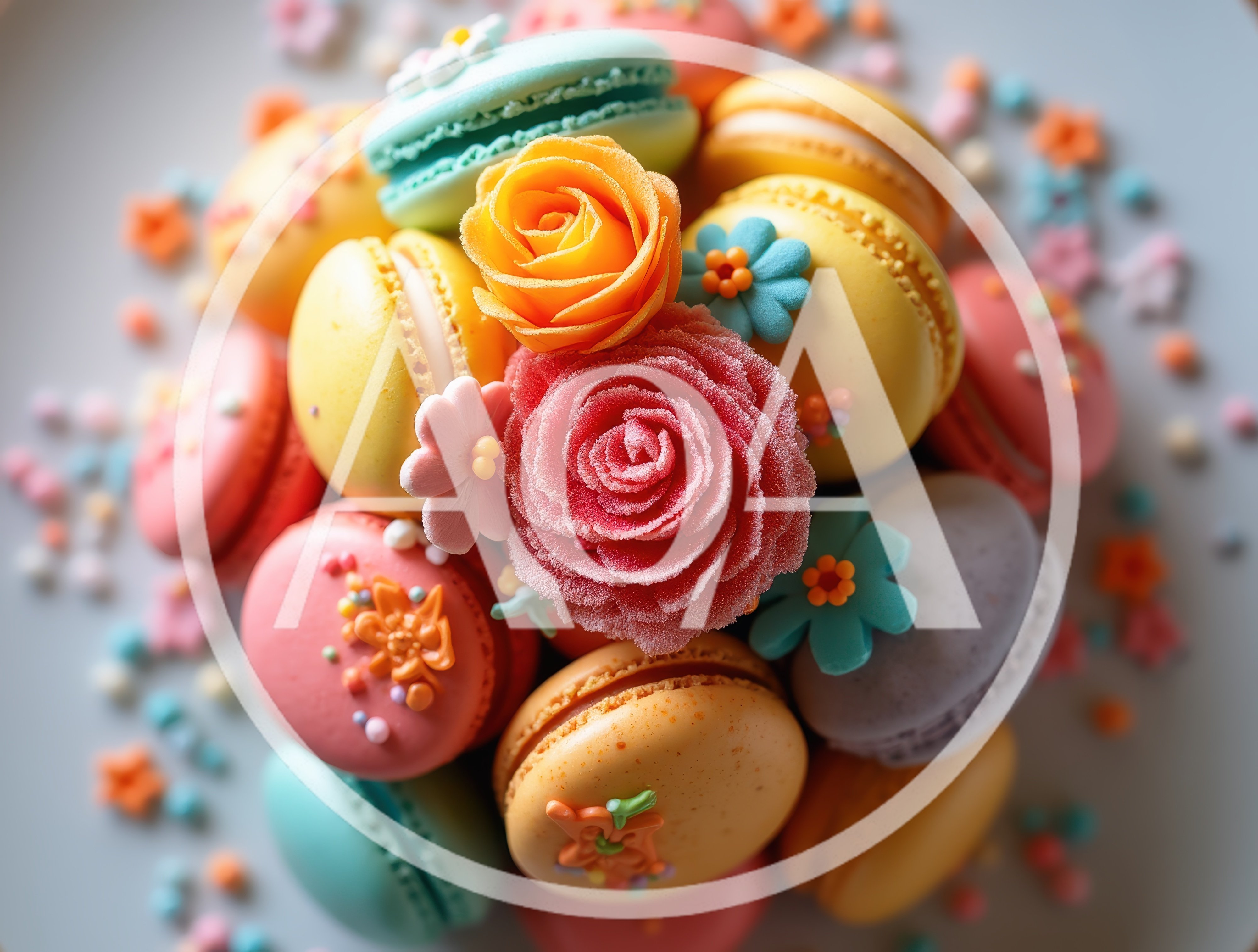 Assorted Colorful Macarons Decorated With Sugar Flowers