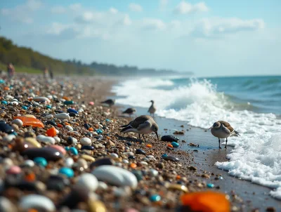 Shorebirds Foraging Among Colorful Pebbles On A Beach