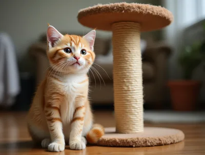 Adorable Ginger Tabby Kitten Sitting Beside Scratching Post