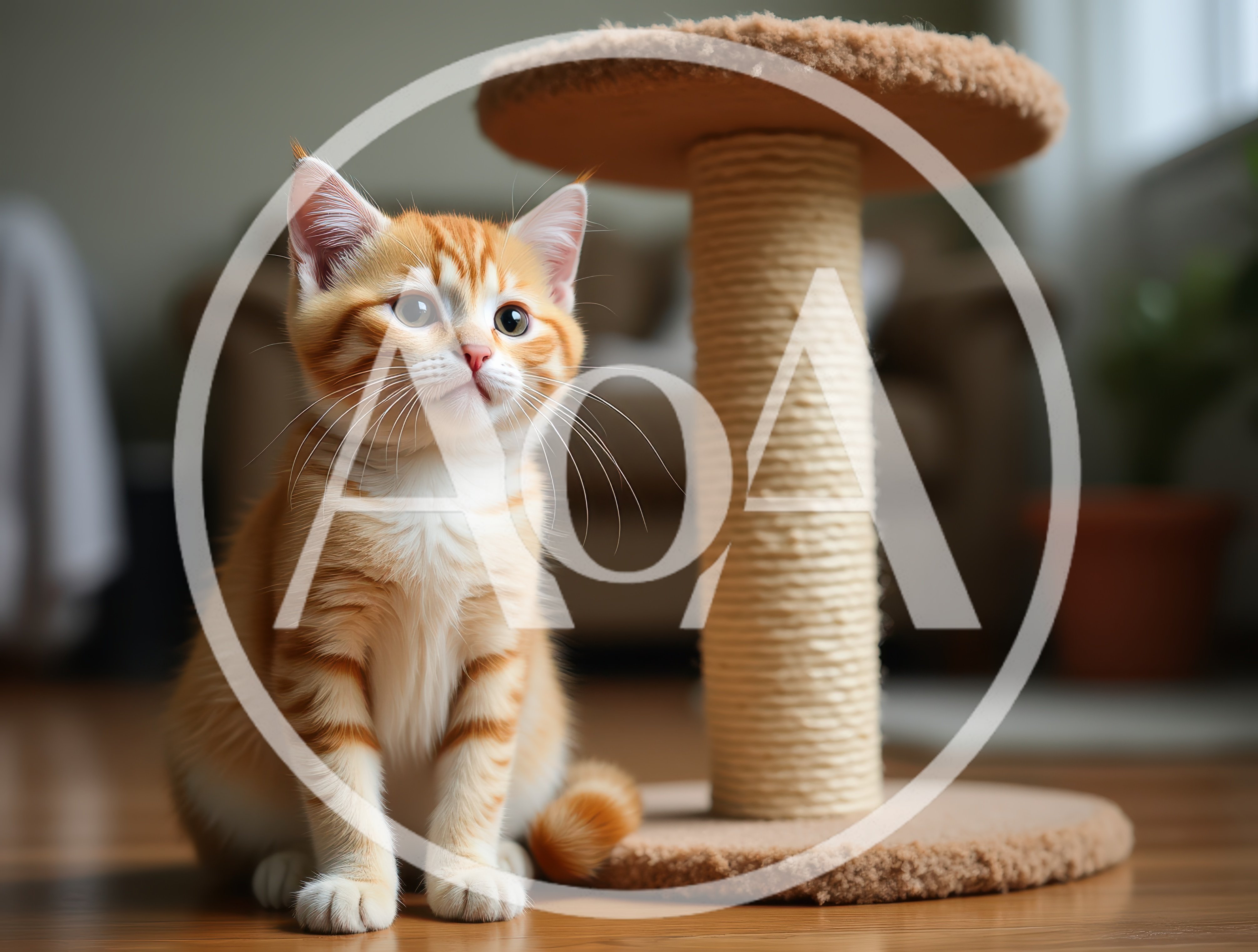 Adorable Ginger Tabby Kitten Sitting Beside Scratching Post