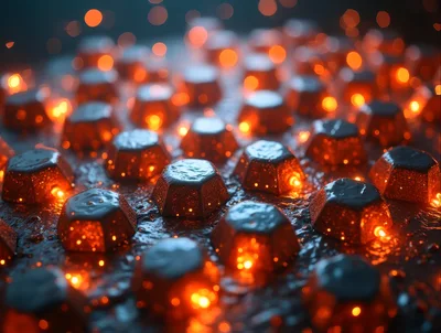 Glowing Metallic Hexagonal Objects On Dark Textured Surface
