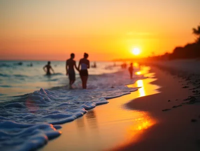 Couple Walking Along Tropical Beach At Sunset