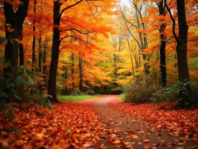 Autumn Forest Path Covered In Vibrant Red Leaves