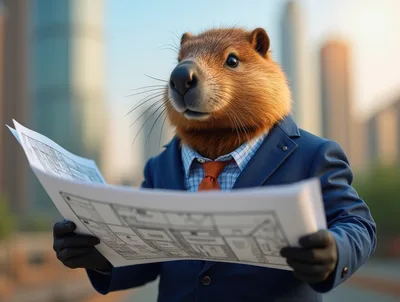 Anthropomorphic Beaver Businessman Reviewing Architectural Blueprints