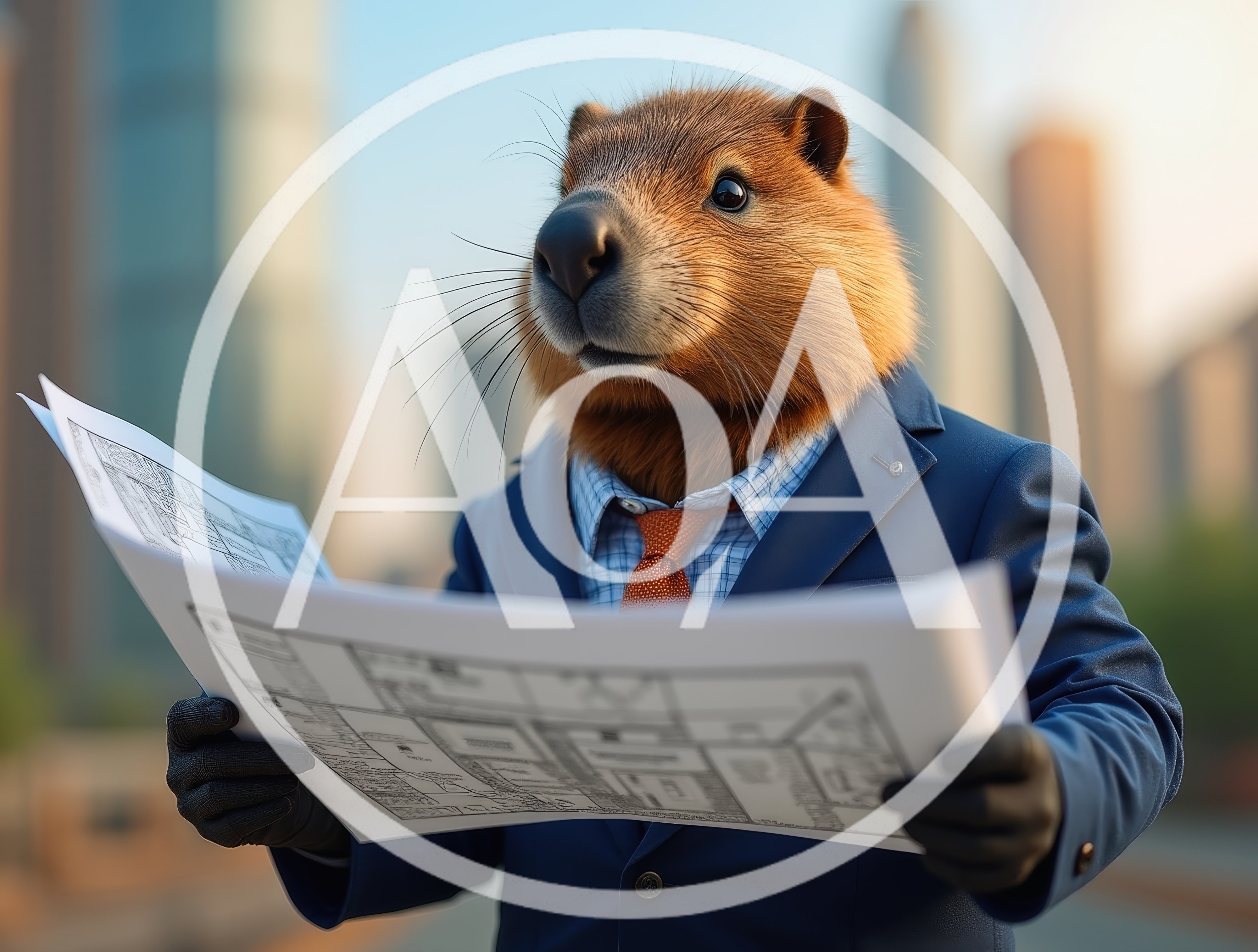 Anthropomorphic Beaver Businessman Reviewing Architectural Blueprints