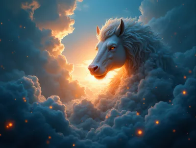 Majestic White Horse Head Emerging From Stormy Clouds
