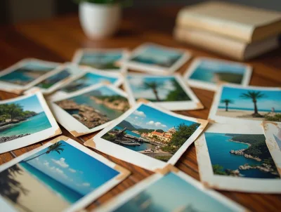 Collection of Vintage Travel Photographs on Wooden Table
