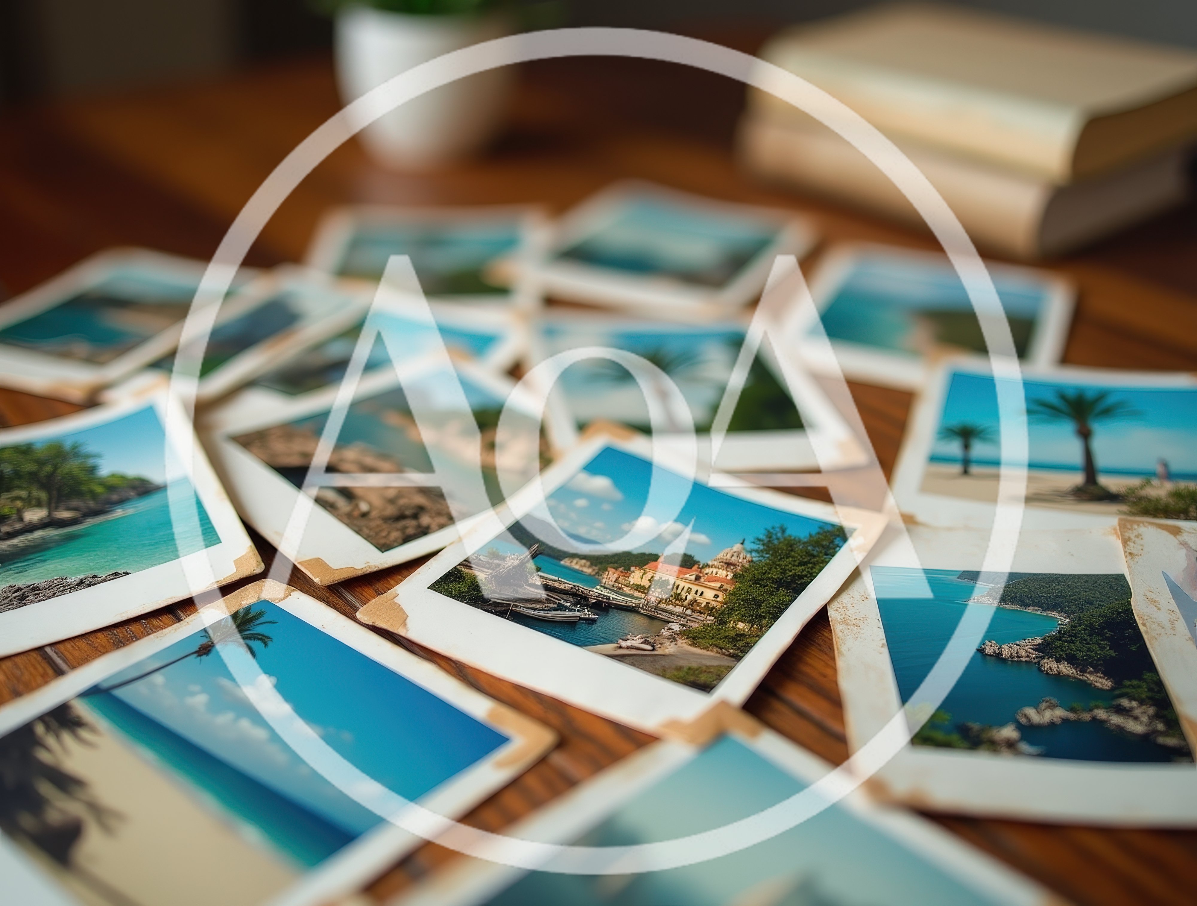 Collection of Vintage Travel Photographs on Wooden Table