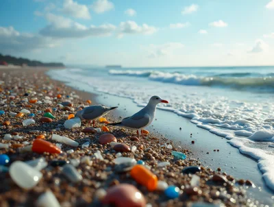 Seagulls Foraging Among Plastic Pollution On A Beach