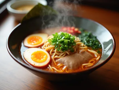 Steaming Bowl Of Japanese Ramen With Soft Boiled Eggs