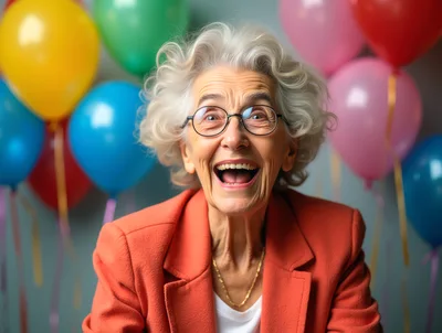 Joyful Elderly Woman Celebrating With Colorful Balloons