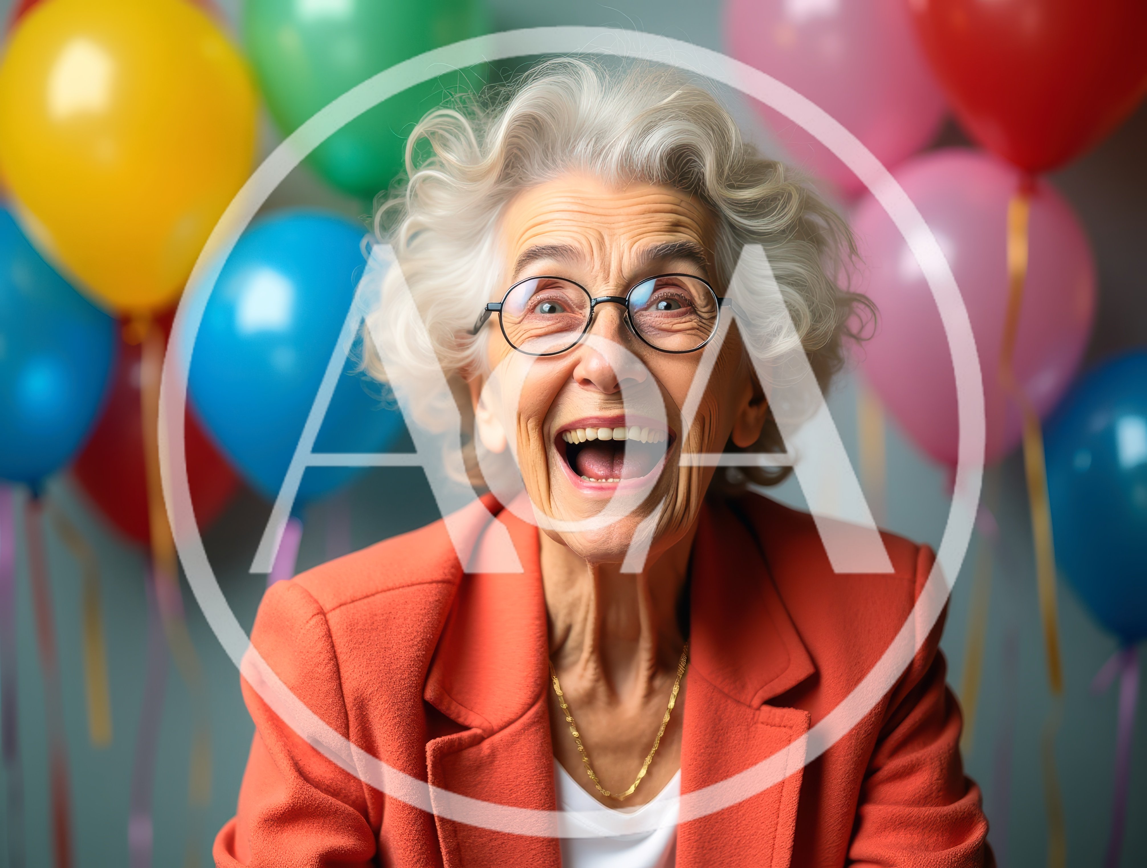 Joyful Elderly Woman Celebrating With Colorful Balloons