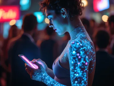 Cybernetic Woman Using Glowing Smartphone In Night City