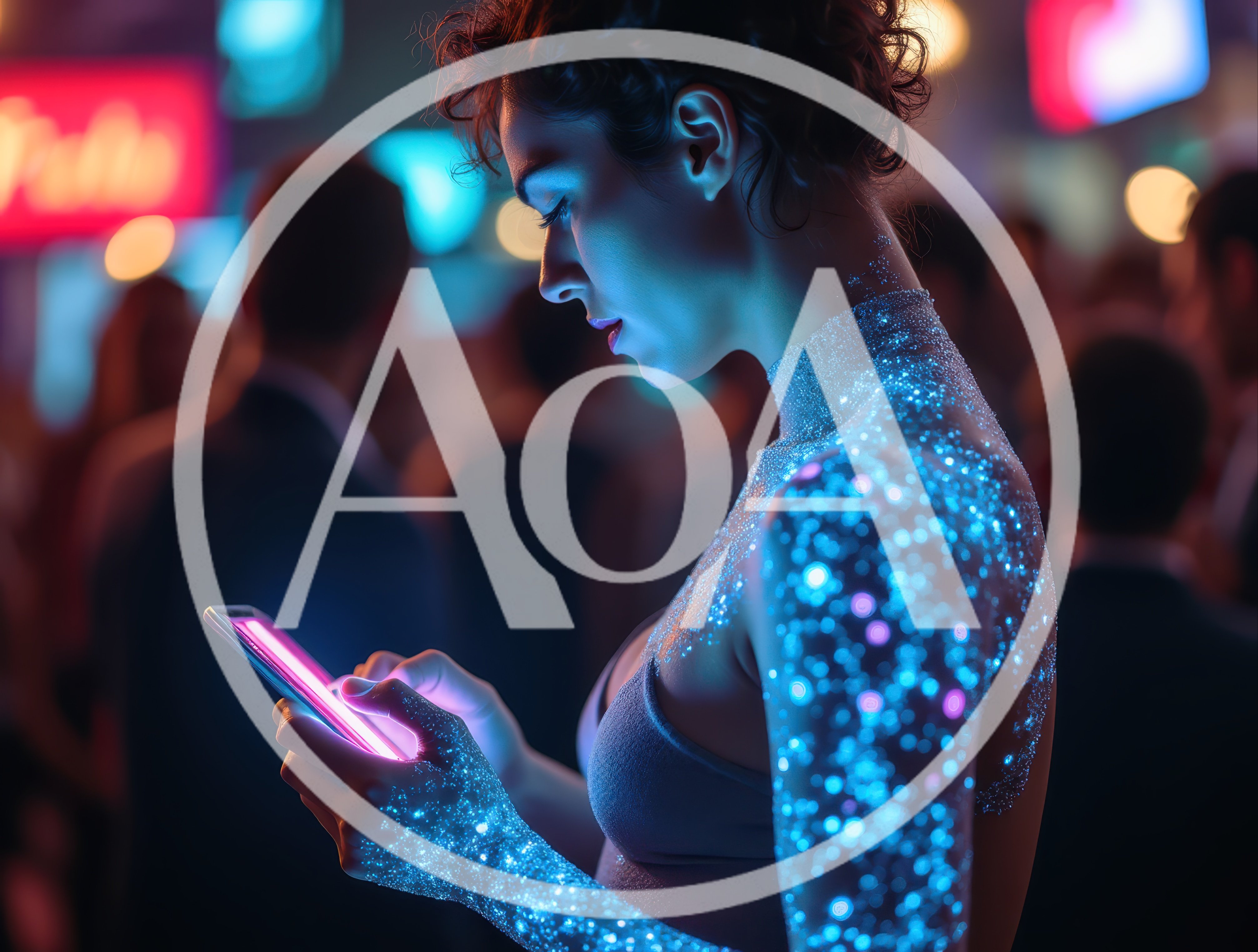 Cybernetic Woman Using Glowing Smartphone In Night City