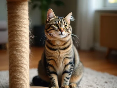 Tabby Cat Sitting Beside A Sisal Scratching Post