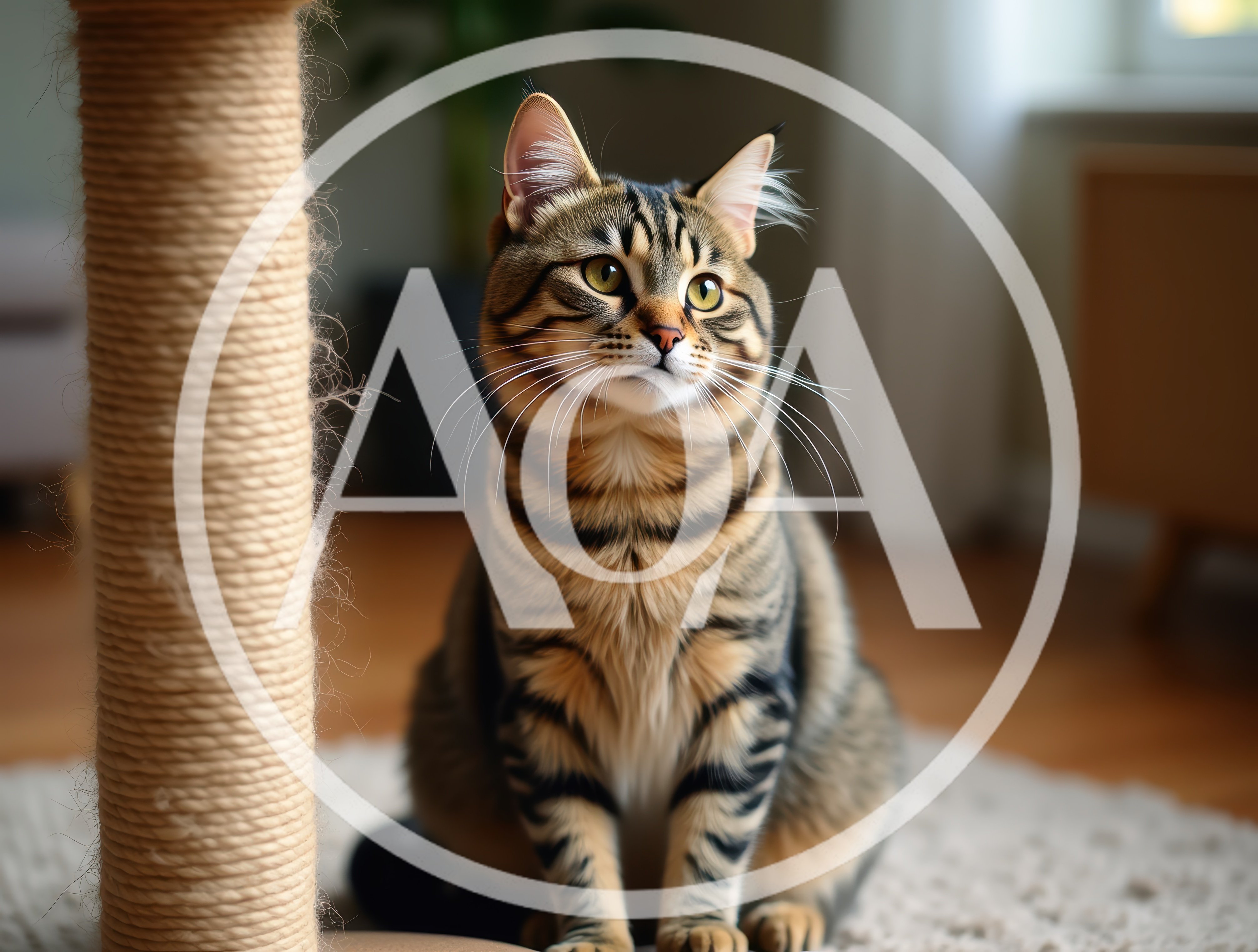 Tabby Cat Sitting Beside A Sisal Scratching Post