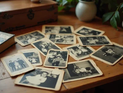 Vintage Black And White Family Photographs On Wooden Table